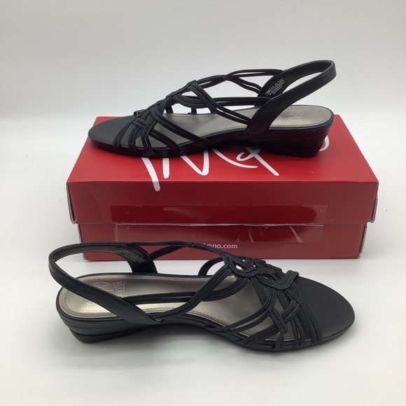 Impo Raquel Black Wide Width Stretch Strappy Slingback Wedge Sandals Size 10W - Picture 1 of 6